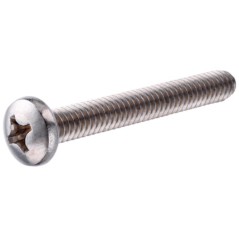 Silver SS machine screw PH10-32x2 from Emery Jensen, shown in a box with 100 screws on a white background.