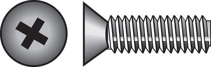 Emery Jensen stainless steel machine screw, Phillips flat head, 6-32 x 1/2 inch, shown in a close-up image.