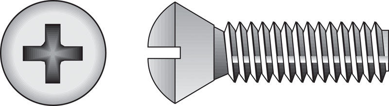 Stainless steel Emery Jensen machine screw, Phillips head, 6-32x3/4 inch size, with a shiny metallic finish.