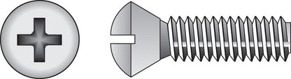 Stainless steel Emery Jensen machine screw, Phillips head, 6-32x3/4 inch size, with a shiny metallic finish.