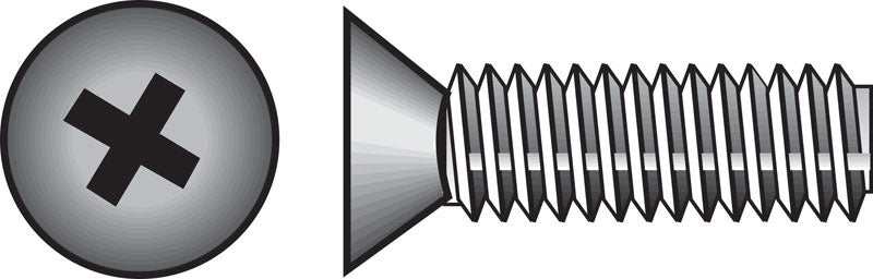 Emery Jensen SS machine screw, 6-32 x 1 inch, metal fastener with Phillips flat head, close-up image showing threading and head design
