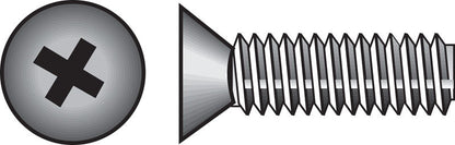 Stainless steel machine screw from Emery Jensen, PHFH10-24X1-1/4 size, with a flat head and threaded shank for fastening.