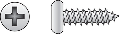 Emery Jensen stainless steel sheet metal screw, 4x3/4 inch pan head, shown in a close-up image.