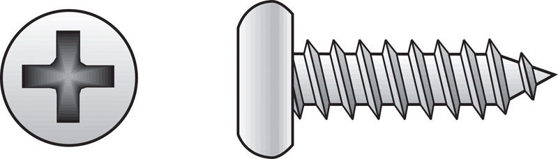 Emery Jensen stainless steel sheet metal screw, pan head, 4x5/8 inch, shown in close-up with shiny metallic finish