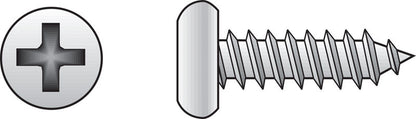 Emery Jensen stainless steel sheet metal screw, pan head, 4x5/8 inch, shown in close-up with shiny metallic finish