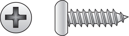 Emery Jensen stainless steel sheet metal screw, 6x1/2 inch pan head, used for metal fastening, shown in the product image.
