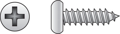 Emery Jensen stainless steel sheet metal screw, pan head, 8x1.5mm size, shown in close-up on a white background.