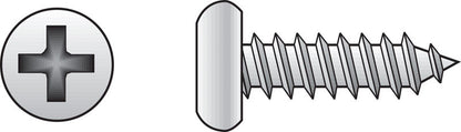 Emery Jensen stainless steel sheet metal screws, 8x1 inch pan head, shown in a box of 100 for metal fastening.