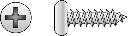 Emery Jensen SS sheet metal screw with pan head, size 10x1.5 inches, stainless steel construction, designed for metal fastening.