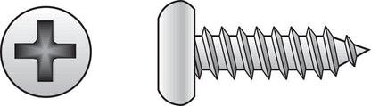 Emery Jensen stainless steel sheet metal screw with pan head, size SS12x1.5B100, shown in a close-up image.