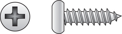 Stainless steel sheet metal screw by Emery Jensen, 1.25-inch diameter, for metal fastening, with a Phillips head and corrosion-resistant finish.