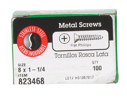 Emery Jensen stainless steel sheet metal screw, 8x1.25 inch, Phillips flat head, B100 package, for metal fastening applications.
