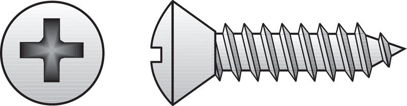 Emery Jensen stainless steel sheet metal screw, 10x2.5mm, B50, with Phillips oval head, used for metal fastening.