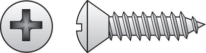 Emery Jensen stainless steel sheet metal screw, 8x1.25 inch, Phillips head, B100 quantity, shown in close-up detail.