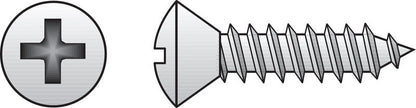 Emery Jensen stainless steel sheet metal screw with Phillips head, 10x1.25 inch size, shown in a close-up image.