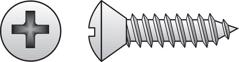 Emery Jensen stainless steel sheet metal screw with PH drive, OH12x1.25 size, showing the screw head and threading detail.