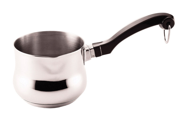 Emery Jensen stainless steel butter warmer in 20 oz size with carbon steel handle and lid, ideal for melting butter.