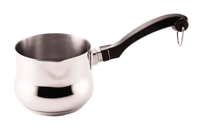 Emery Jensen stainless steel butter warmer in 20 oz size with carbon steel handle and lid, ideal for melting butter.