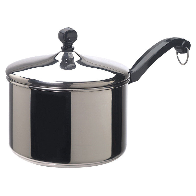 Emery Jensen 3-quart stainless steel and carbon steel sauce pan with lid, ideal for cooking and simmering.
