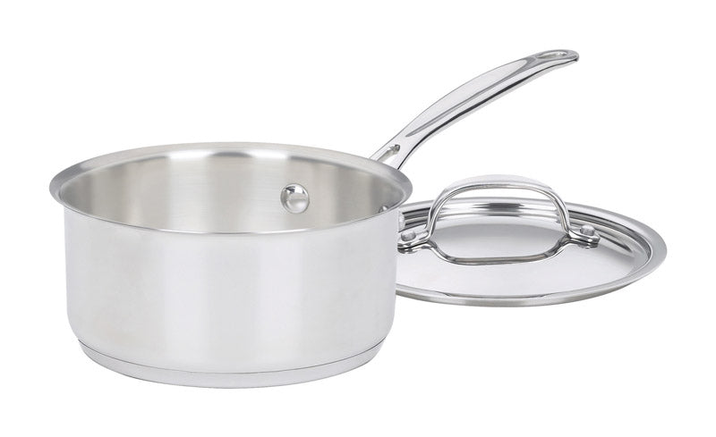 Emery Jensen stainless steel and carbon steel saucepan with lid, 1.5-quart size, suitable for cooking and simmering dishes.