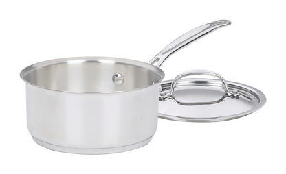 Emery Jensen stainless steel and carbon steel saucepan with lid, 1.5-quart size, suitable for cooking and simmering dishes.