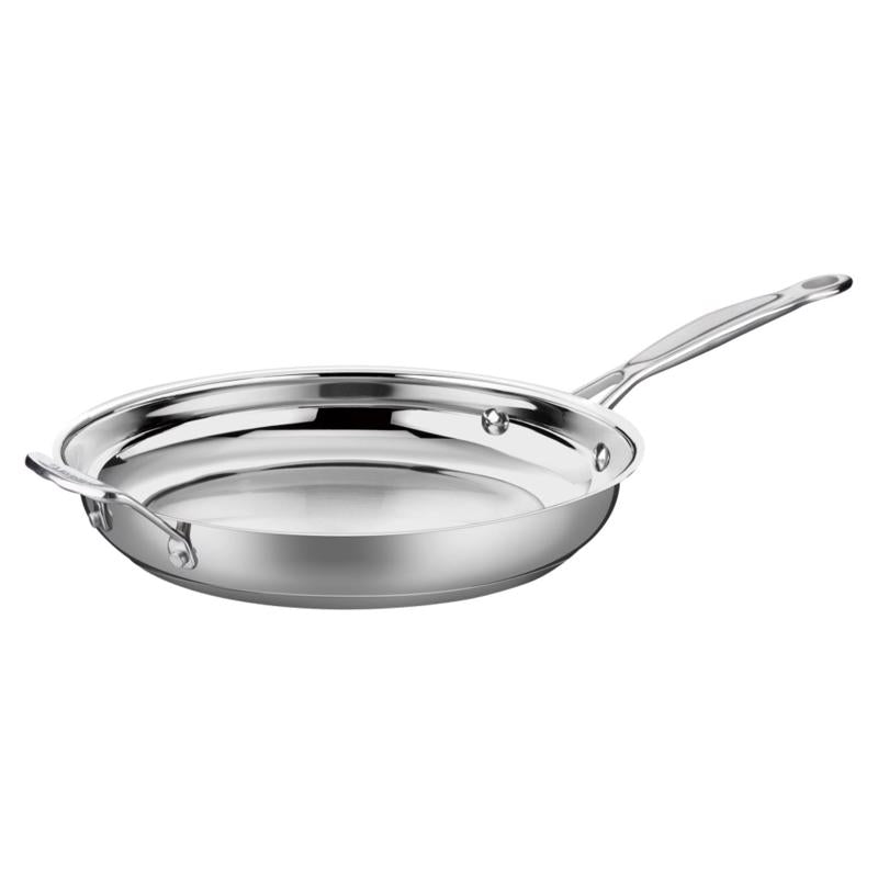 Emery Jensen 12-inch stainless and carbon steel skillet, shiny metallic finish, with a sturdy handle and cooking surface.