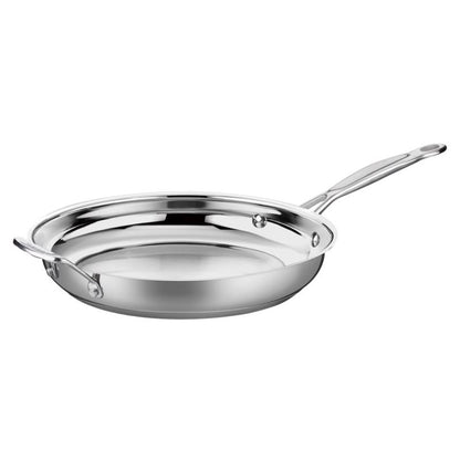 Emery Jensen 12-inch stainless and carbon steel skillet, shiny metallic finish, with a sturdy handle and cooking surface.