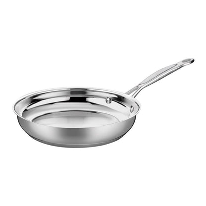10-inch stainless and carbon steel skillet by Emery Jensen, showcasing a shiny, durable cooking pan with a sturdy handle.
