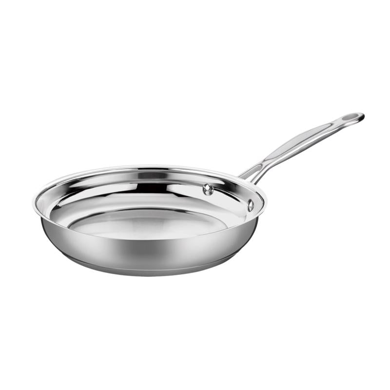 Emery Jensen 8-inch stainless and carbon steel skillet with stainless steel handle, suitable for versatile cooking.