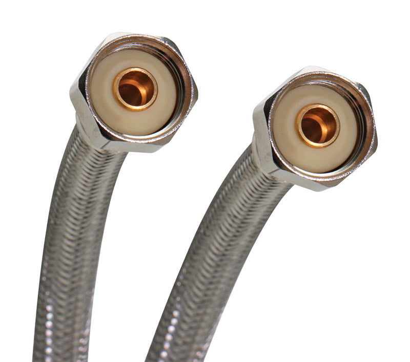 Stainless steel braided faucet fitting by Emery Jensen, 20-inch durable connector for plumbing installations.