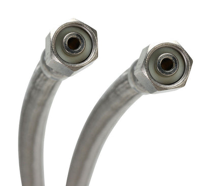 Emery Jensen stainless steel braided connector for 120-inch ice maker hose, durable and flexible plumbing component.