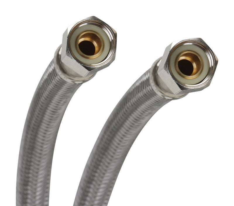 Stainless steel braided connector hose from Emery Jensen, 3/8 inch diameter, 60 inches long, durable and flexible for plumbing use.