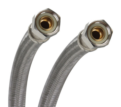 Stainless steel braided connector hose from Emery Jensen, 3/8 inch diameter, 60 inches long, durable and flexible for plumbing use.
