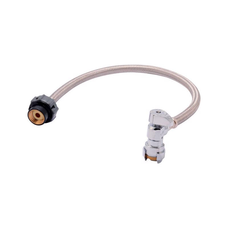 Emery Jensen stainless steel braided faucet connector with 1/2-inch push fitting, suitable for plumbing connections.