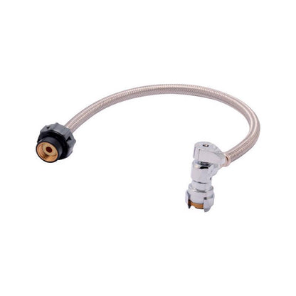 Emery Jensen stainless steel braided faucet connector with 1/2-inch push fitting, suitable for plumbing connections.