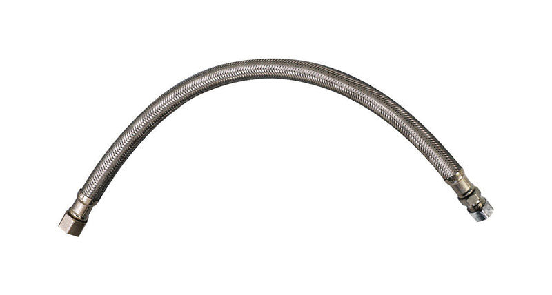 Emery Jensen stainless steel braided faucet supply line, 12-inch length, durable and flexible plumbing connector for kitchen or bathroom sinks.