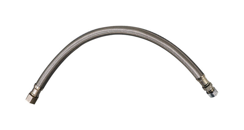 Emery Jensen stainless steel braided faucet supply line, 20-inch length, flexible plumbing connector for kitchen or bathroom sink.