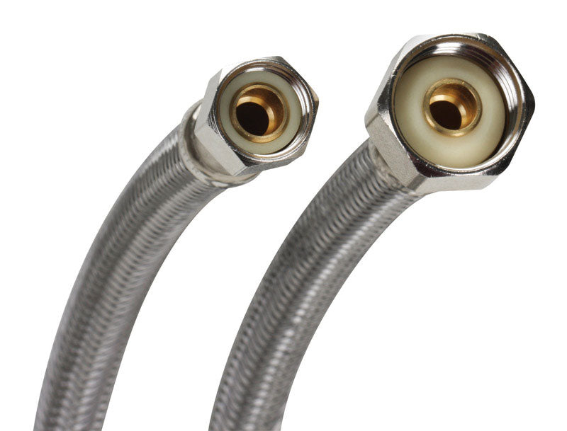 Stainless steel braided hose by Emery Jensen, 3/8 inch compression fitting to 1/2 inch IP connections, durable industrial tubing