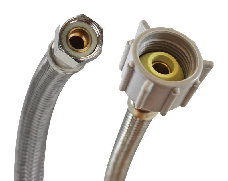 Emery Jensen stainless steel braided hose, 3/8 inch compression fitting, suitable for plumbing applications.