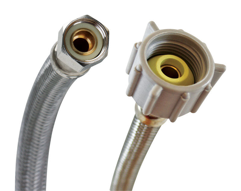Emery Jensen stainless steel braided hose, 3/8 inch diameter with CMP7/8" BC9 fittings, durable and flexible for plumbing applications.