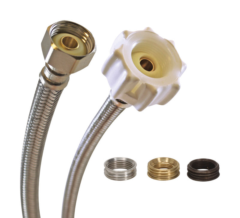 Stainless steel braided toilet supply connector by Emery Jensen, universal fit, durable and flexible for plumbing installation.