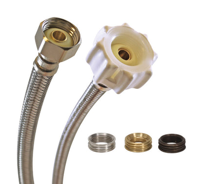 Stainless steel braided toilet supply connector by Emery Jensen, universal fit, durable and flexible for plumbing installation.