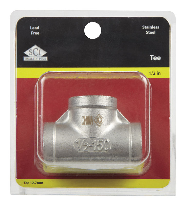 Emery Jensen All Ends Tee 1/2" stainless steel fitting for plumbing and piping connections, showing a shiny, durable T-shaped connector.
