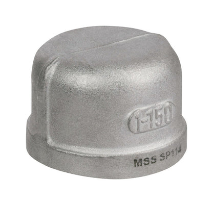 Emery Jensen 1-1/2 inch stainless steel fitting cap showing smooth metallic surface and threaded interior for plumbing connections.