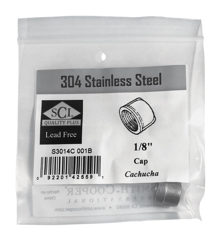 Stainless steel 1/8" FPT cap fitting by Emery Jensen, designed for plumbing and piping applications.