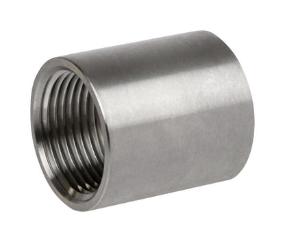 Stainless steel 1-1/2 inch coupling fitting by Emery Jensen, showing a shiny metal pipe connector for plumbing applications.