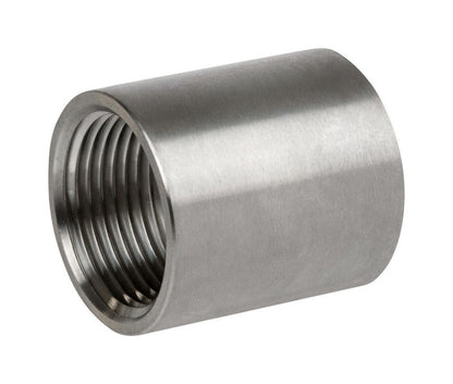 Stainless steel 2-inch coupling fitting by Emery Jensen, used for connecting pipes in plumbing systems.
