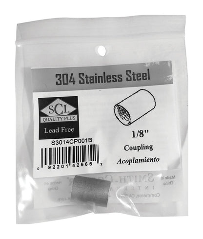 Stainless steel female coupling, 1/8 inch size, from Emery Jensen, used for pipe fittings and connections.