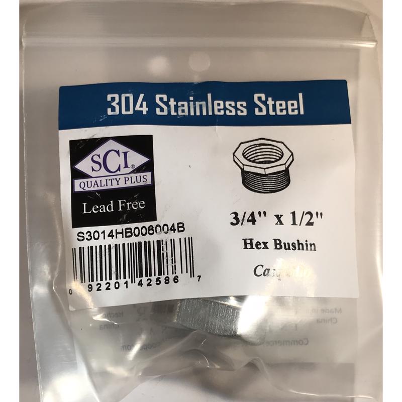 Stainless steel HEX bushing 3/4x1/2 inch from Emery Jensen, used for plumbing and pipe fittings, shown in close-up detail.