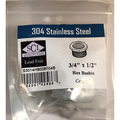 Stainless steel HEX bushing 3/4x1/2 inch from Emery Jensen, used for plumbing and pipe fittings, shown in close-up detail.